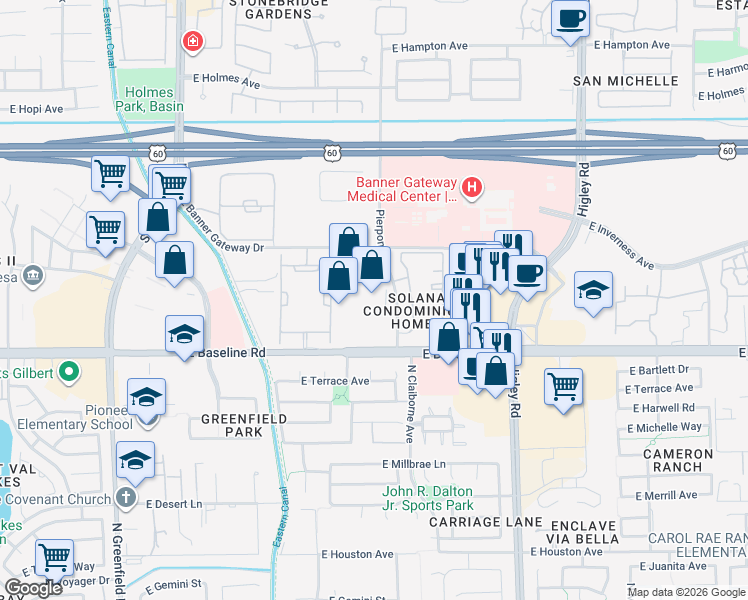 map of restaurants, bars, coffee shops, grocery stores, and more near 4838 East Baseline Road in Mesa