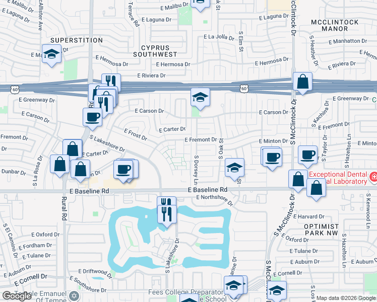 map of restaurants, bars, coffee shops, grocery stores, and more near 1236 East Baker Drive in Tempe