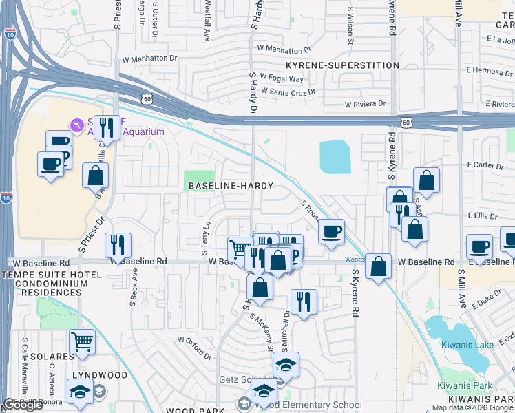 map of restaurants, bars, coffee shops, grocery stores, and more near 1002 West Minton Drive in Tempe