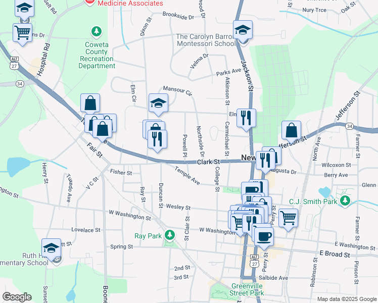 map of restaurants, bars, coffee shops, grocery stores, and more near 14 Powell Place in Newnan