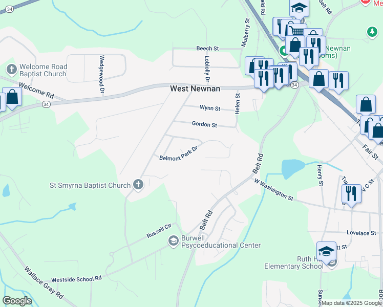 map of restaurants, bars, coffee shops, grocery stores, and more near 63 Belmont Park Drive in Newnan