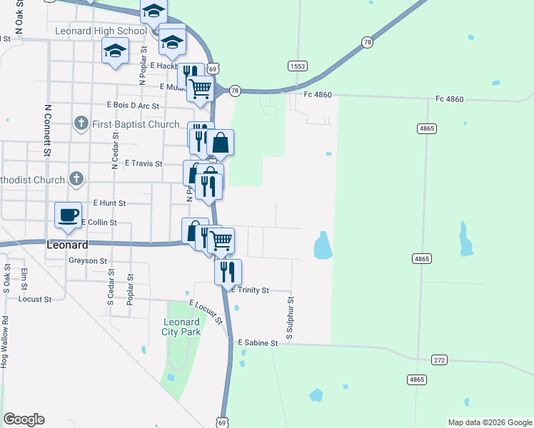 map of restaurants, bars, coffee shops, grocery stores, and more near 102 North Appaloosa Way in Leonard