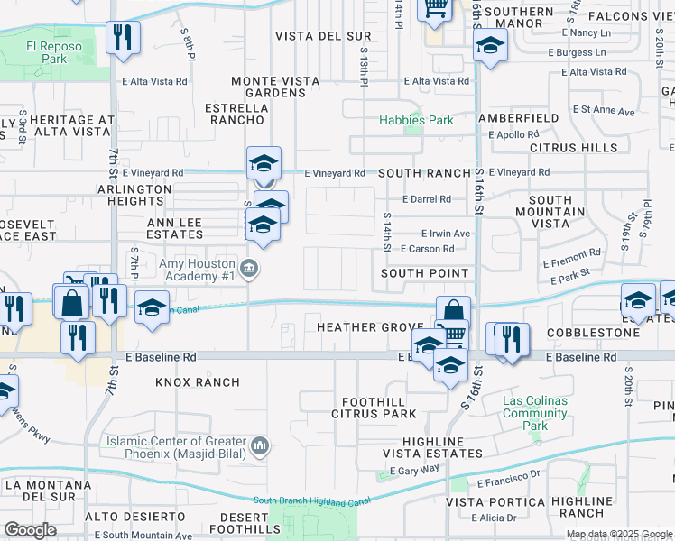 map of restaurants, bars, coffee shops, grocery stores, and more near 7224 South 13th Street in Phoenix