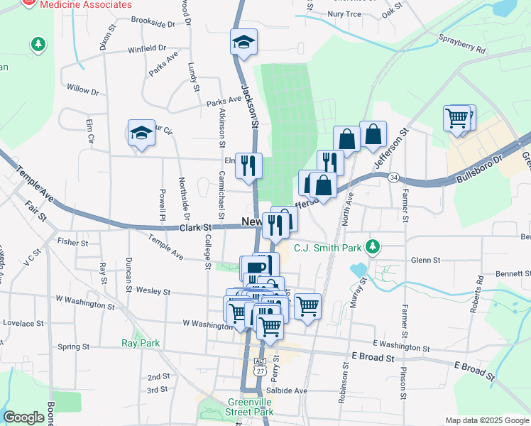 map of restaurants, bars, coffee shops, grocery stores, and more near 85 Jackson Street in Newnan