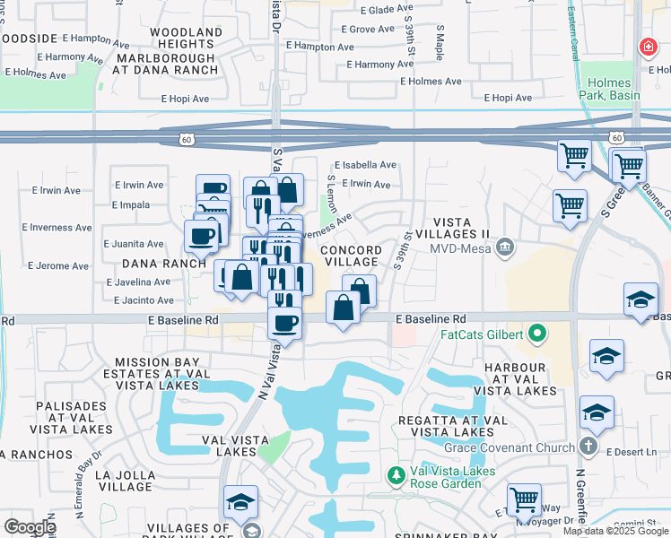 map of restaurants, bars, coffee shops, grocery stores, and more near 3719 East Inverness Avenue in Mesa