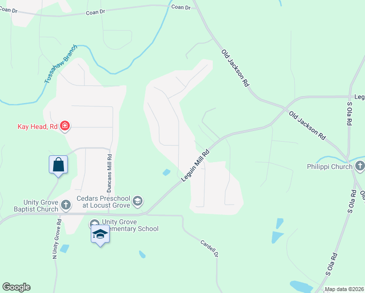 map of restaurants, bars, coffee shops, grocery stores, and more near 120 Caraway Road in Locust Grove