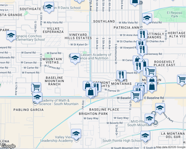 map of restaurants, bars, coffee shops, grocery stores, and more near 617 West Fremont Road in Phoenix