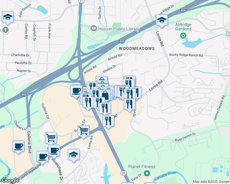 map of restaurants, bars, coffee shops, grocery stores, and more near 3709 Lodge Drive in Hoover