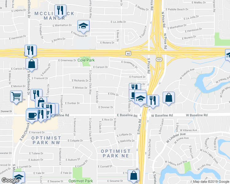 map of restaurants, bars, coffee shops, grocery stores, and more near 2084 East Ellis Drive in Tempe