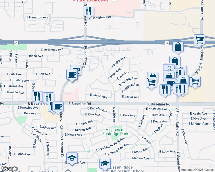 map of restaurants, bars, coffee shops, grocery stores, and more near 10253 East Jerome Avenue in Mesa