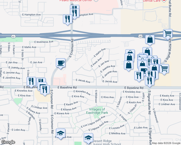 map of restaurants, bars, coffee shops, grocery stores, and more near 10253 East Jerome Avenue in Mesa