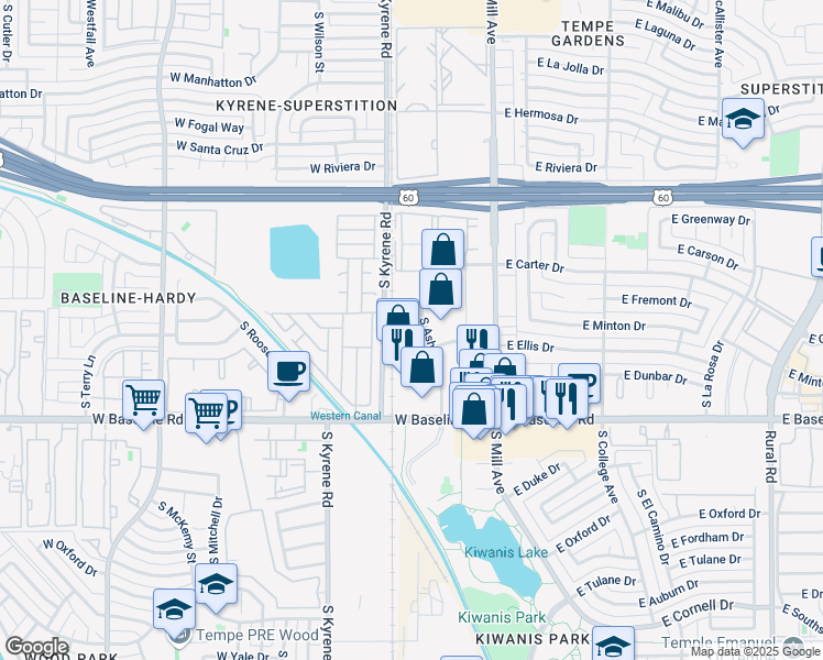 map of restaurants, bars, coffee shops, grocery stores, and more near 4930 South Ash Avenue in Tempe