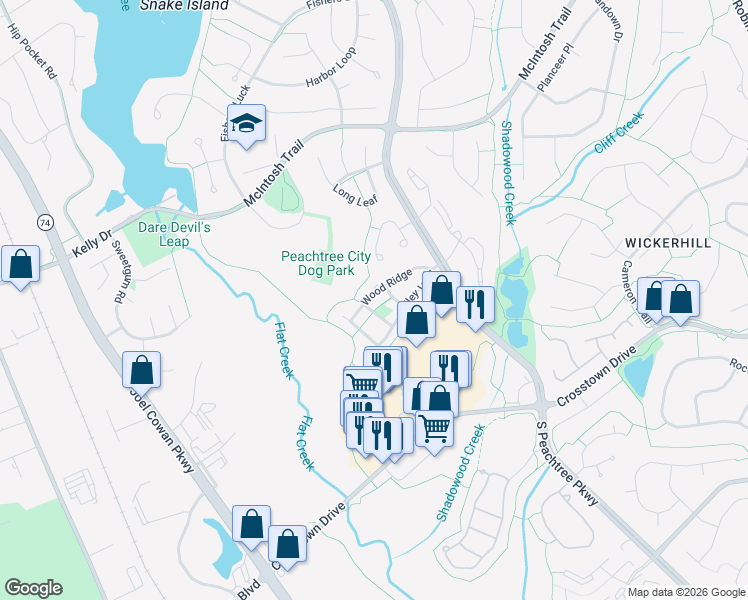map of restaurants, bars, coffee shops, grocery stores, and more near 327 Wood Ridge in Peachtree City