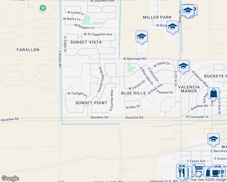 map of restaurants, bars, coffee shops, grocery stores, and more near 7227 South Sunrise Way in Buckeye