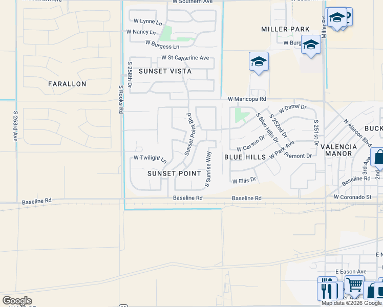 map of restaurants, bars, coffee shops, grocery stores, and more near 7212 South Morning Dew Lane in Buckeye