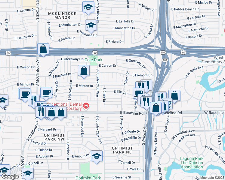 map of restaurants, bars, coffee shops, grocery stores, and more near 2054 East Ellis Drive in Tempe