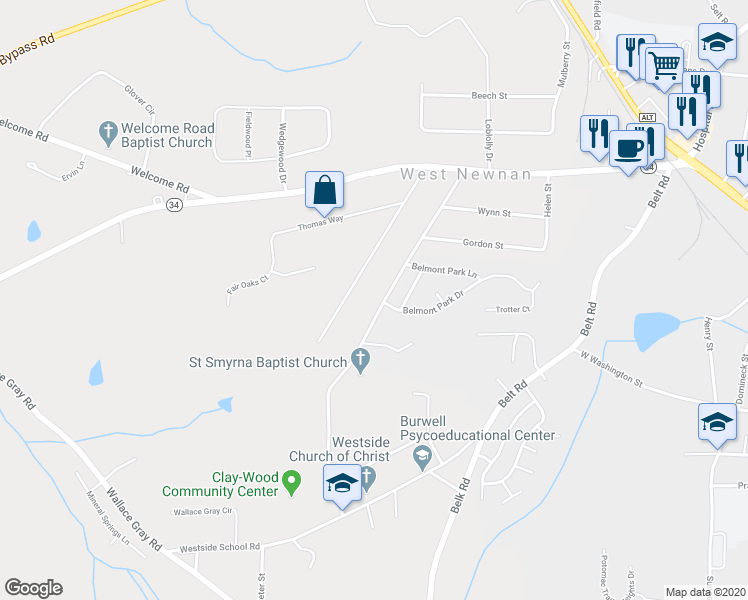 map of restaurants, bars, coffee shops, grocery stores, and more near 41 Heery Road in Newnan