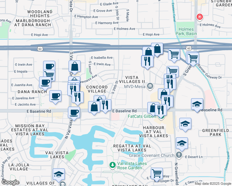 map of restaurants, bars, coffee shops, grocery stores, and more near 1915 South 39th Street in Mesa