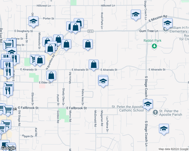 map of restaurants, bars, coffee shops, grocery stores, and more near 176 Gardenside Court in Fallbrook