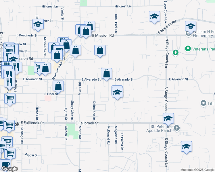 map of restaurants, bars, coffee shops, grocery stores, and more near 153-161 Gardenside Court in Fallbrook