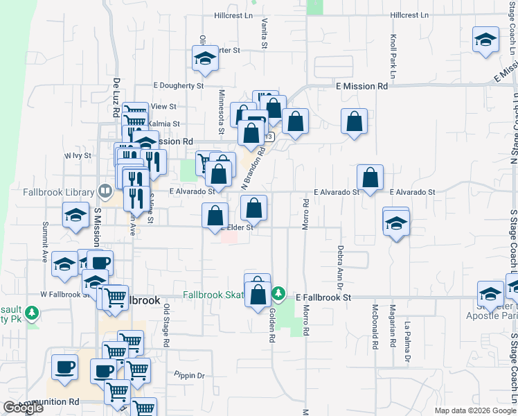 map of restaurants, bars, coffee shops, grocery stores, and more near 205 Potter Street in Fallbrook