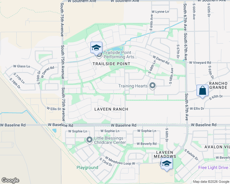 map of restaurants, bars, coffee shops, grocery stores, and more near 7117 West Carter Road in Phoenix