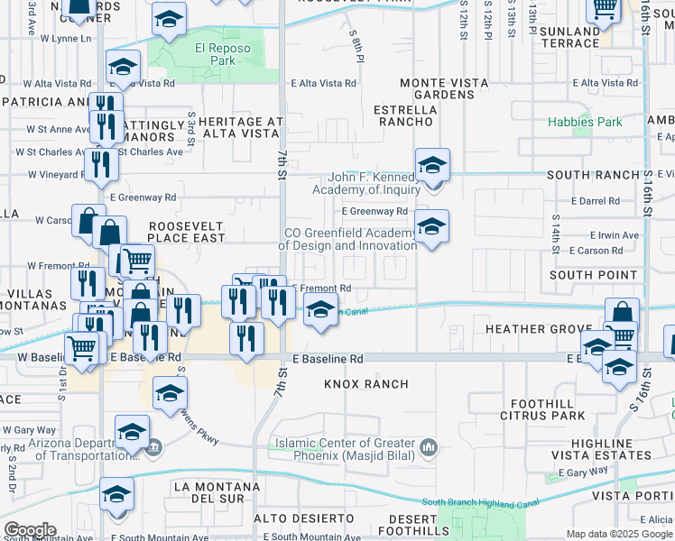 map of restaurants, bars, coffee shops, grocery stores, and more near 7125 South 8th Street in Phoenix