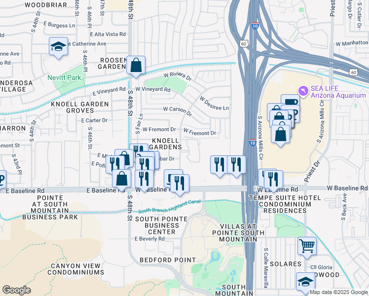 map of restaurants, bars, coffee shops, grocery stores, and more near 4901 South Calle Los Cerros Drive in Tempe