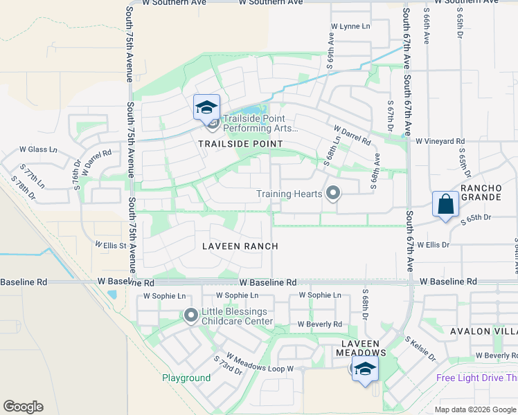 map of restaurants, bars, coffee shops, grocery stores, and more near 7117 West Carter Road in Phoenix