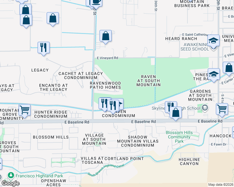 map of restaurants, bars, coffee shops, grocery stores, and more near 3325 East Fremont Road in Phoenix