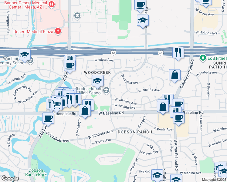 map of restaurants, bars, coffee shops, grocery stores, and more near 1559 West Juanita Circle in Mesa