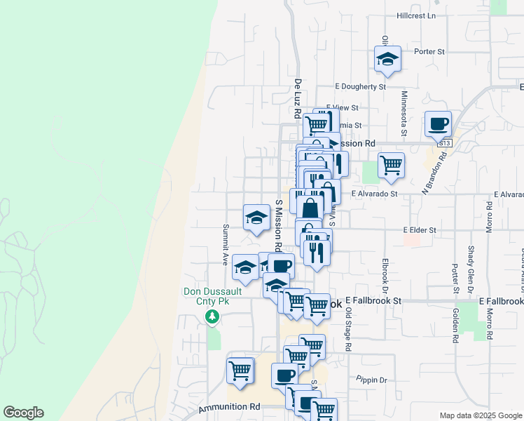 map of restaurants, bars, coffee shops, grocery stores, and more near West Fig Street & South Pasadena Avenue in Fallbrook