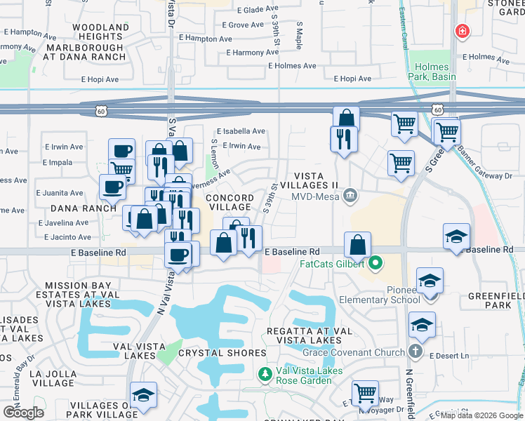map of restaurants, bars, coffee shops, grocery stores, and more near 50 South Concord Village in Mesa