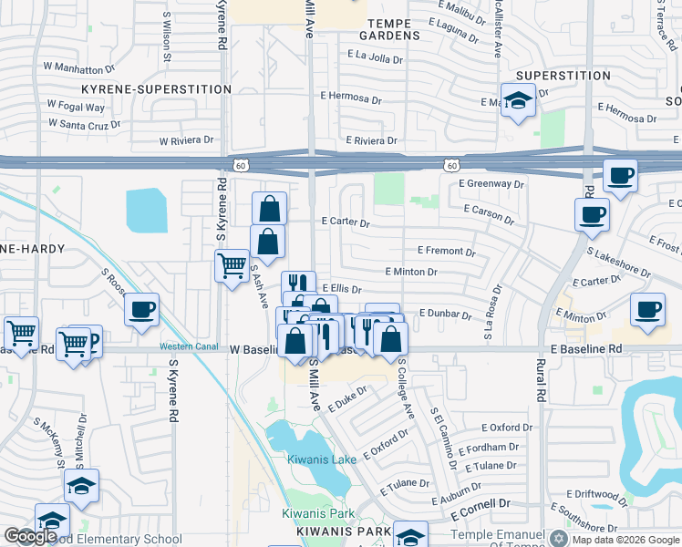 map of restaurants, bars, coffee shops, grocery stores, and more near 128 East Ellis Drive in Tempe