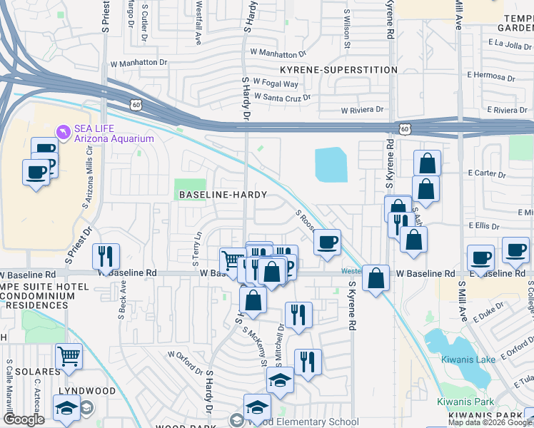 map of restaurants, bars, coffee shops, grocery stores, and more near 672 West Minton Drive in Tempe