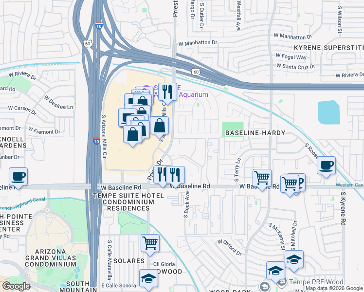 map of restaurants, bars, coffee shops, grocery stores, and more near 4839 South Darrow Drive in Tempe
