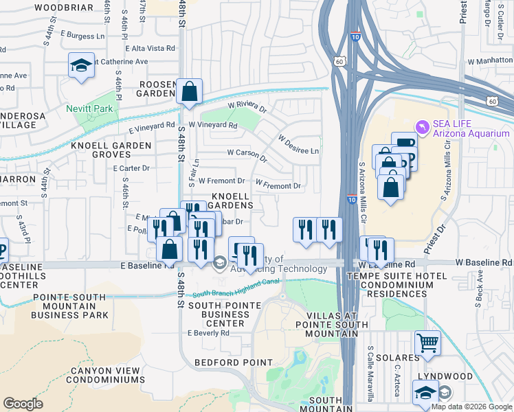 map of restaurants, bars, coffee shops, grocery stores, and more near 4901 South Calle Los Cerros Drive in Tempe
