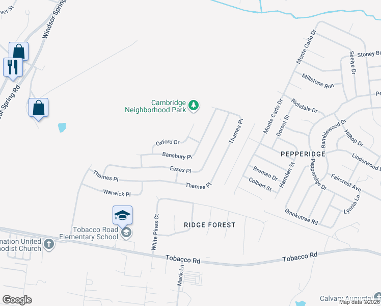 map of restaurants, bars, coffee shops, grocery stores, and more near 3735 Bansbury Place in Hephzibah