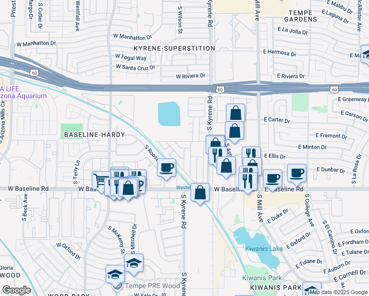 map of restaurants, bars, coffee shops, grocery stores, and more near Baseline Mobile Home Park in Guadalupe