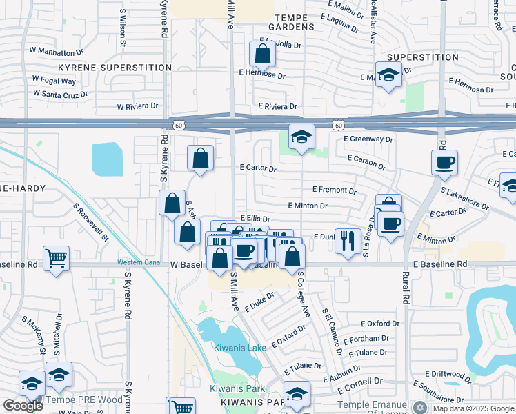 map of restaurants, bars, coffee shops, grocery stores, and more near 109 East Minton Drive in Tempe