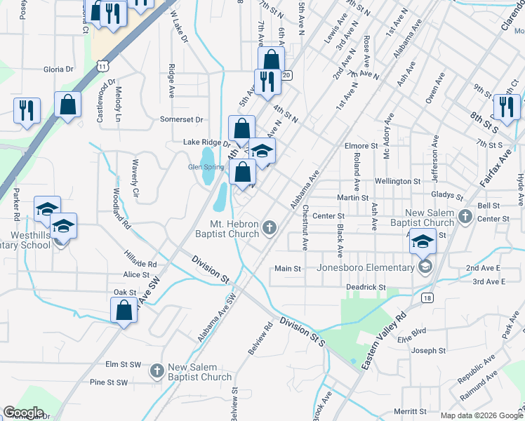 map of restaurants, bars, coffee shops, grocery stores, and more near 84 1st Avenue North in Bessemer