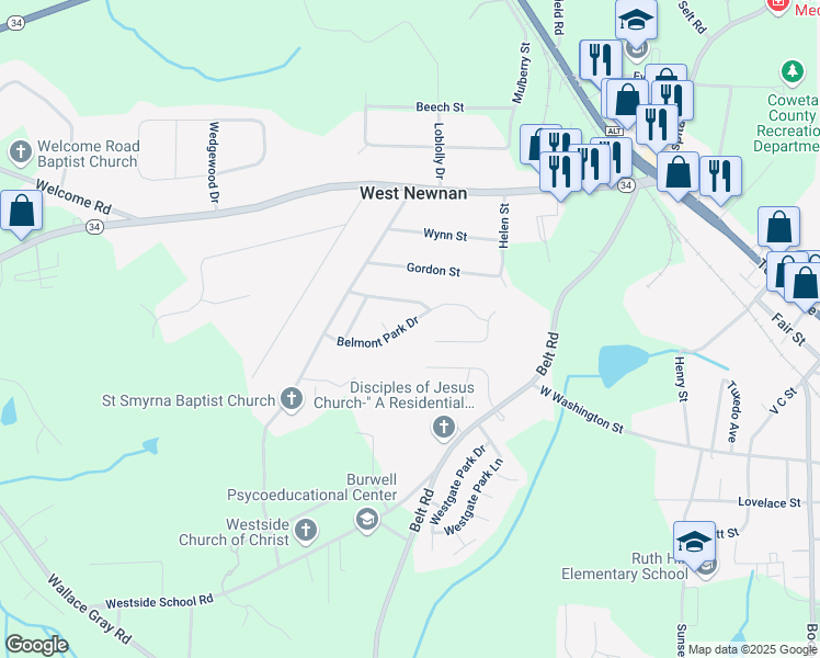 map of restaurants, bars, coffee shops, grocery stores, and more near 63 Belmont Park Drive in Newnan