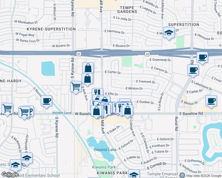 map of restaurants, bars, coffee shops, grocery stores, and more near 128 East Ellis Drive in Tempe