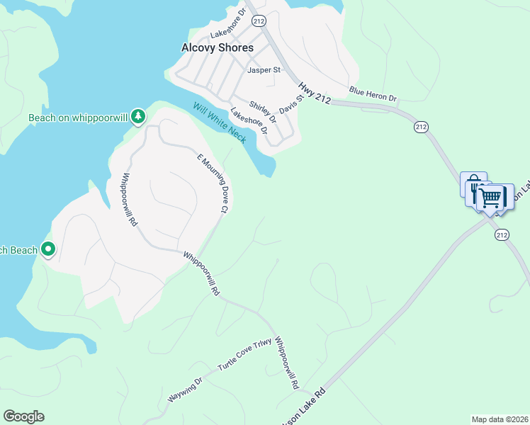 map of restaurants, bars, coffee shops, grocery stores, and more near 59 Hummingbird Drive in Monticello