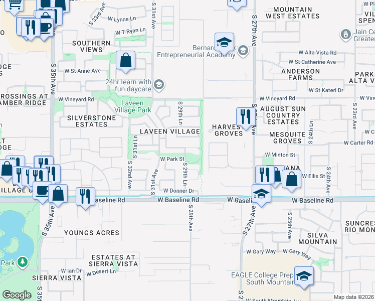 map of restaurants, bars, coffee shops, grocery stores, and more near 2921 West Fremont Road in Phoenix