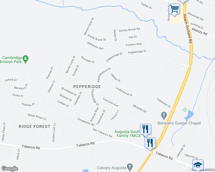 map of restaurants, bars, coffee shops, grocery stores, and more near 3416 Linderwood Drive in Augusta