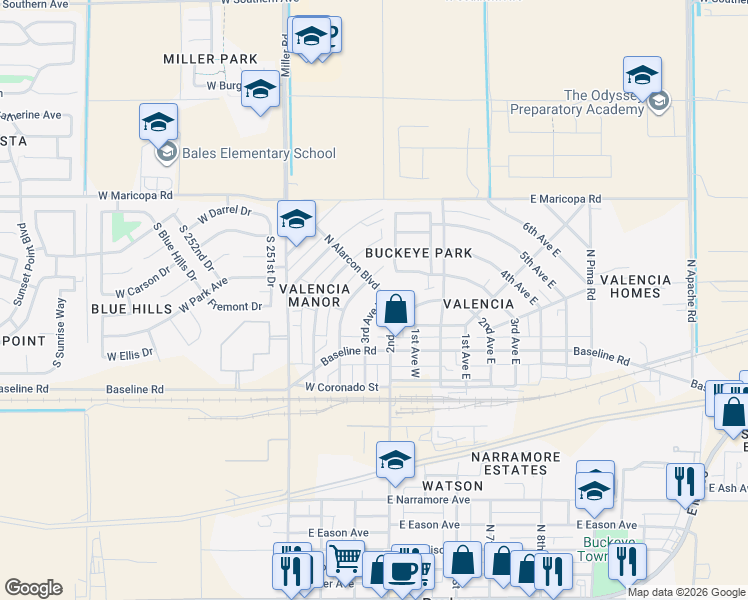 map of restaurants, bars, coffee shops, grocery stores, and more near 204 3rd Ave W in Buckeye