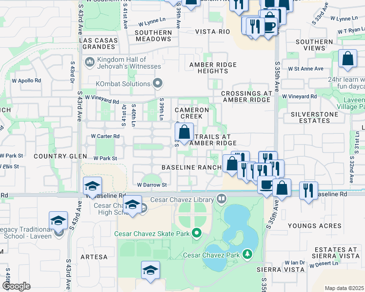 map of restaurants, bars, coffee shops, grocery stores, and more near 7207 South 39th Avenue in Phoenix