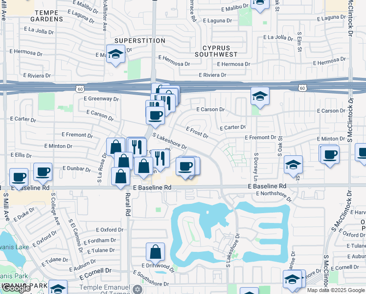 map of restaurants, bars, coffee shops, grocery stores, and more near 4608 South Lakeshore Drive in Tempe