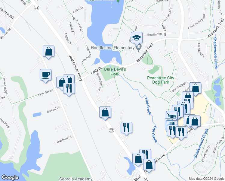 map of restaurants, bars, coffee shops, grocery stores, and more near 107 Catalba Court in Peachtree City